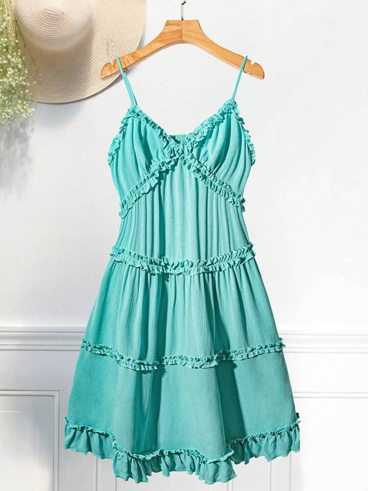 Breezaya Women's Solid Color Sweet Ruffle Trim Sleeveless Dress, Summer Aqua Dress Ruffle Dress | SHEIN