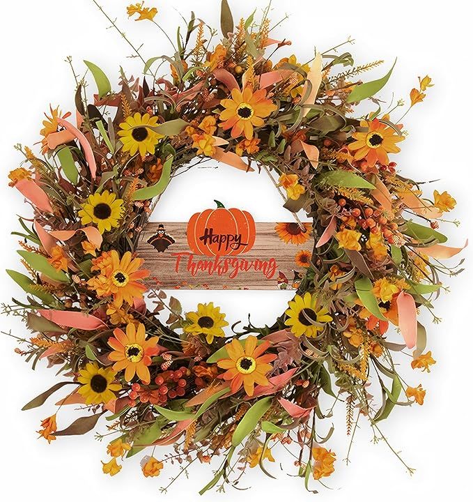 Fall Front Door Wreath,22" Artificial Floral Wreath with Colorful Daisies and Autumn Foliage Fall... | Amazon (US)