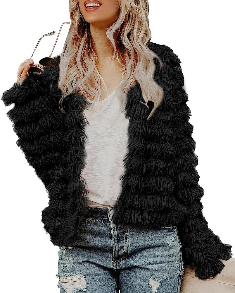 Womens Open Front Faux Fur Cardigan Vintage Parka Shaggy Jacket Coat | Amazon (US)
