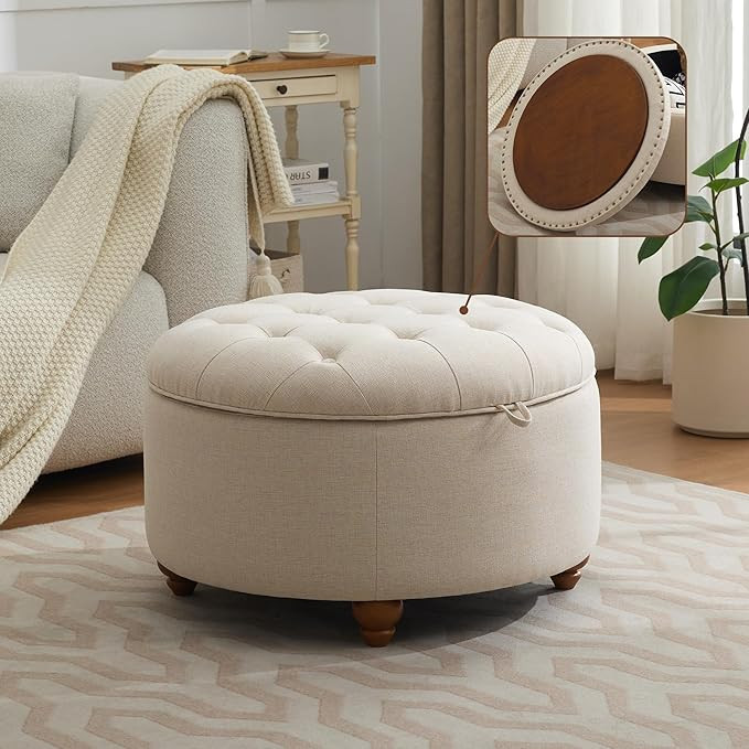 30Inch Round Storage Ottoman with Tray, Modern Tufted Fabric Circle Coffee Table with Storage, Up... | Amazon (US)