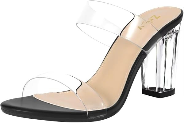 ZriEy Clear Heels for Women Two Strap Open Toe Chunky Block Sandals Slip On Mid High Heels Dress ... | Amazon (US)