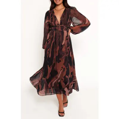 Petal & Pup Blayze Long Sleeve Maxi Dress in Brown Print at Nordstrom, Size X-Large | Nordstrom