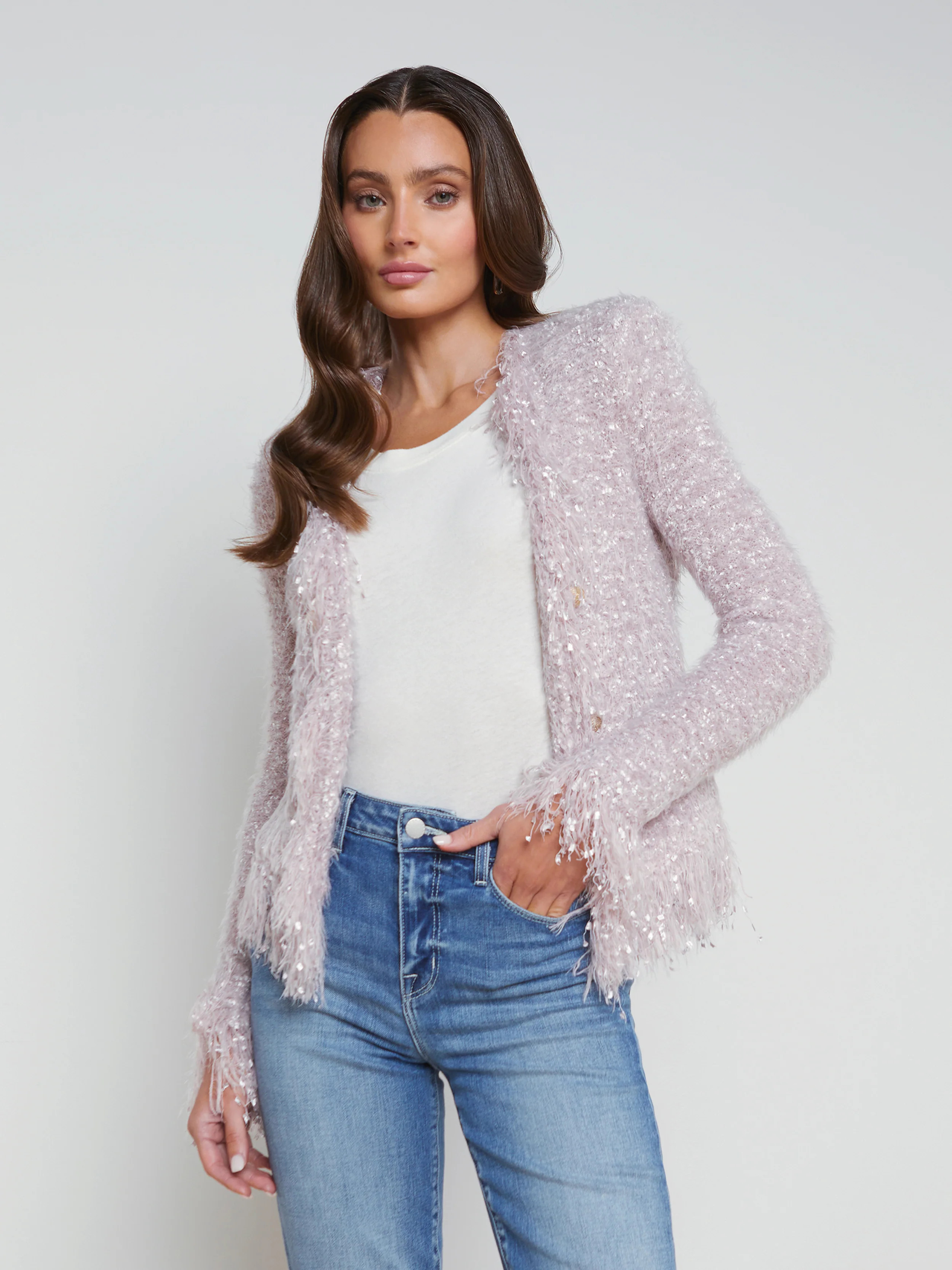 L'AGENCE - Azure Fringe Cardigan Blazer in Dusty Pink | L'Agence