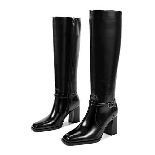 wetkiss Knee High Boots Women Black Knee High Boots Chunky Boots for Women Square Toe Boots High Heel Boots for Women Chunky Black Boots Womens Block Heel Boots Leather Boots for Women Elastic Boots | Amazon (US)