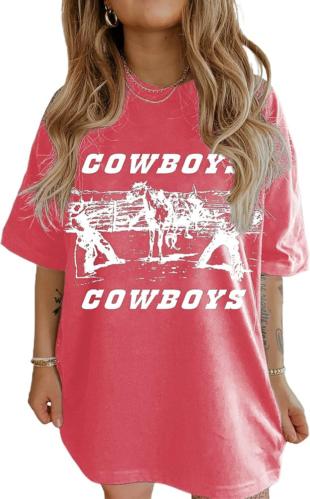 Remidoo Women's Funny Cowboy Horses and Letter Print Shirt Loose T-Shirt Oversized Graphic Tees | Amazon (US)