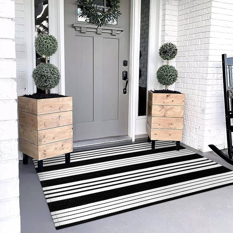 OJIA Black and White Outdoor Rug 3 x 5 ft Cotton Hand-Woven Striped Porch Rug Machine Washable En... | Amazon (US)