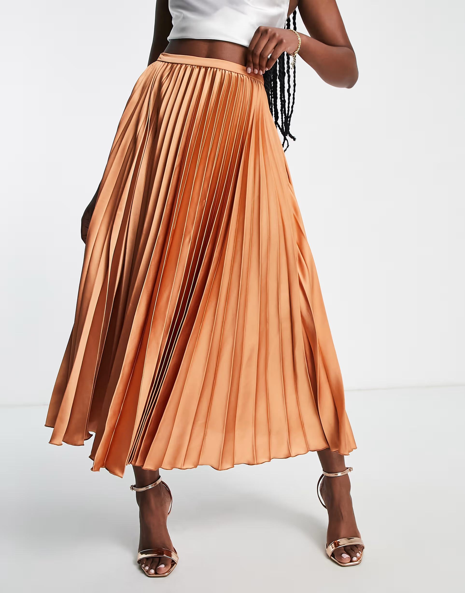 ASOS DESIGN satin pleated midi skirt in tan | ASOS (Global)