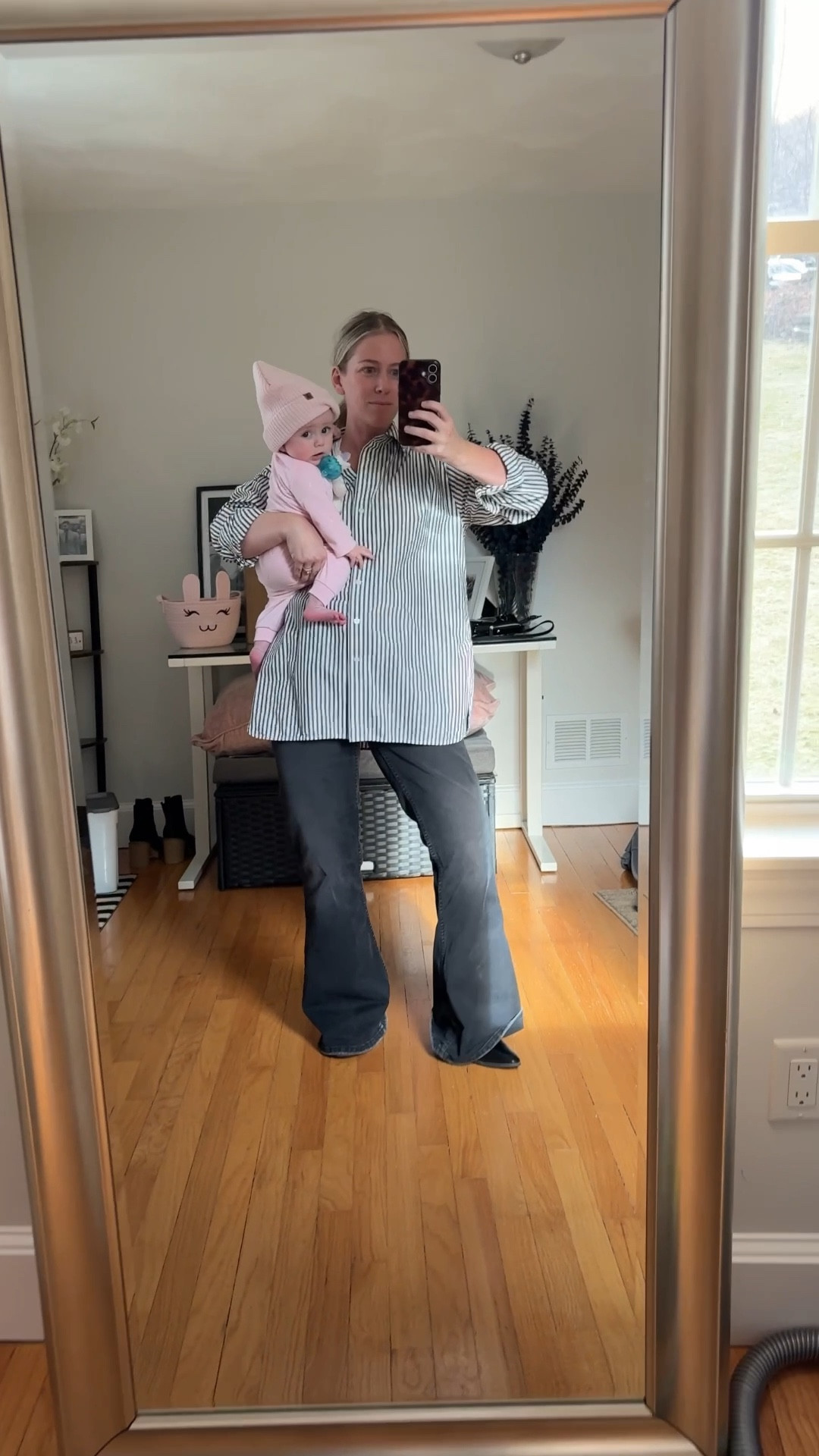 Tunic length button down comes in white and other designs. Wearing S. Wrinkle resistant!! 
Baby girl Nike jogger set 
Faded denim wide leg flares 

#LTKmomlife #LTKSaleAlert #LTKgrwm