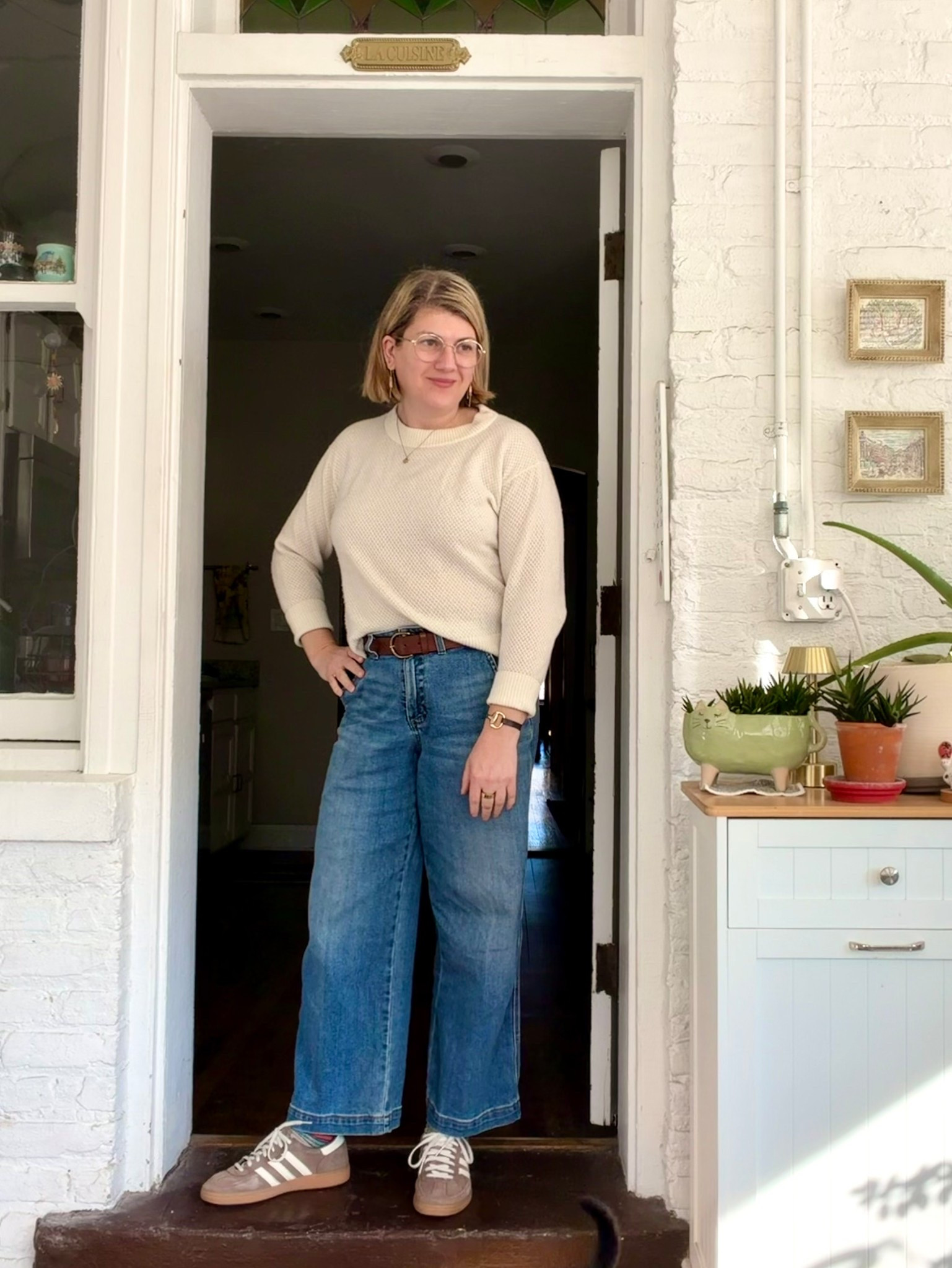 Tuesday, keeping it simple today, tired of winter but I’m comfy. 🤍 Sweater is a diamond stitch baby alpaca from Quince. Bracelet is by Kareca. Earrings are from a local artisan. Close matches linked where possible. 

#LTKMidsize #LTKOver40