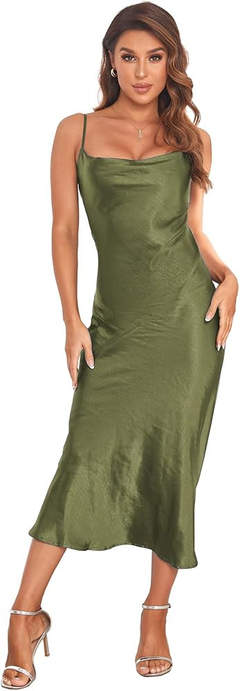 Women's Spaghetti Strap Midi Satin Silk Dresses Slip Cowl Neck Party Cocktail Evening Sexy Dress | Amazon (US)