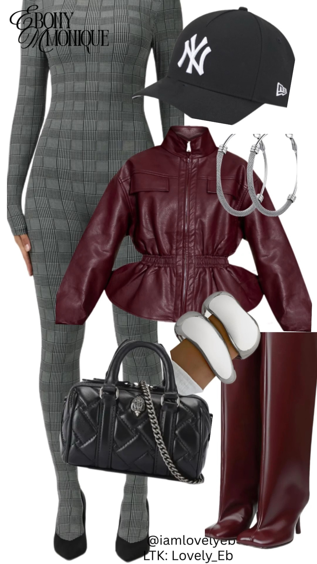 Polished street style with a chic twist.
A tailored plaid bodycon sets the foundation, layered with a rich burgundy faux leather peplum jacket for structure and warmth. Finished with knee-high heeled boots in a matching wine tone, a classic black quilted handbag, silver hoops, and a NY baseball cap to keep it effortlessly cool. Perfect for brunch, city days, or casual meetings when you still want to look put together.

#LTKootd #LTKU