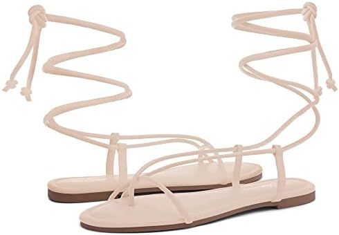 Shoe Land SL-Auday Women's Lace Up Flat Sandals Open Toe Wrap Ankle Strap Shoes | Amazon (US)