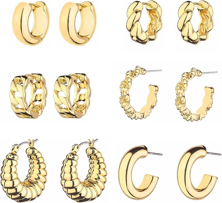 Wgoud Chunky Hoop Earrings Set 14K Gold Hoop Earrings for Women Hypoallergenic, Thick Hoops Earri... | Amazon (US)