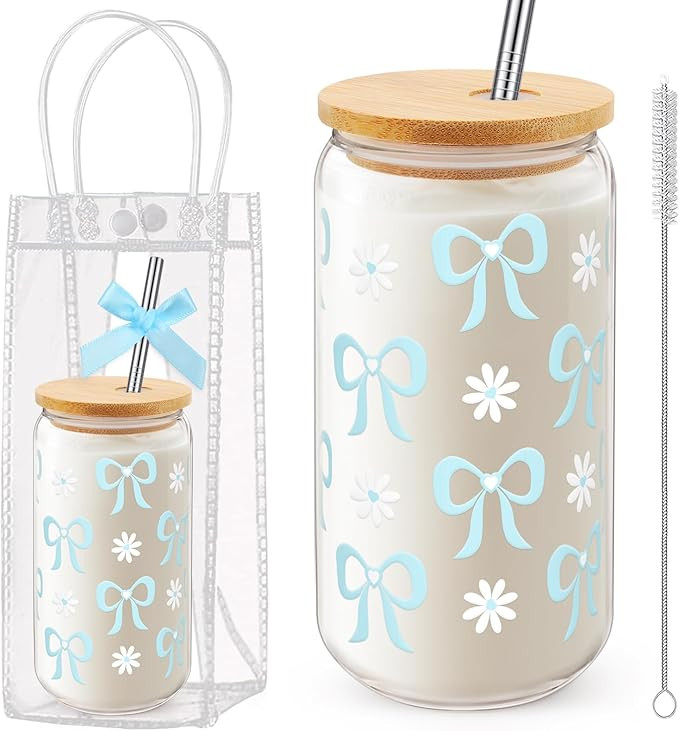 Coquette Bow Aesthetic Cup with Clear Gift Bag, Glass Cups with Lids and Straws, 16 oz Iced Coffe... | Amazon (US)
