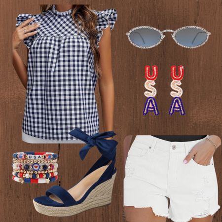 Love me a gingham top, and bonus that this one also has ruffles! 😍 Obsessed with these rhinestone sunglasses & earrings. Perfect combo with this blouse is some white denim cutoff shorts and some adorable espadrilles!

Memorial Day / 4th of July

#LTKSeasonal #LTKSaleAlert #LTKOver40