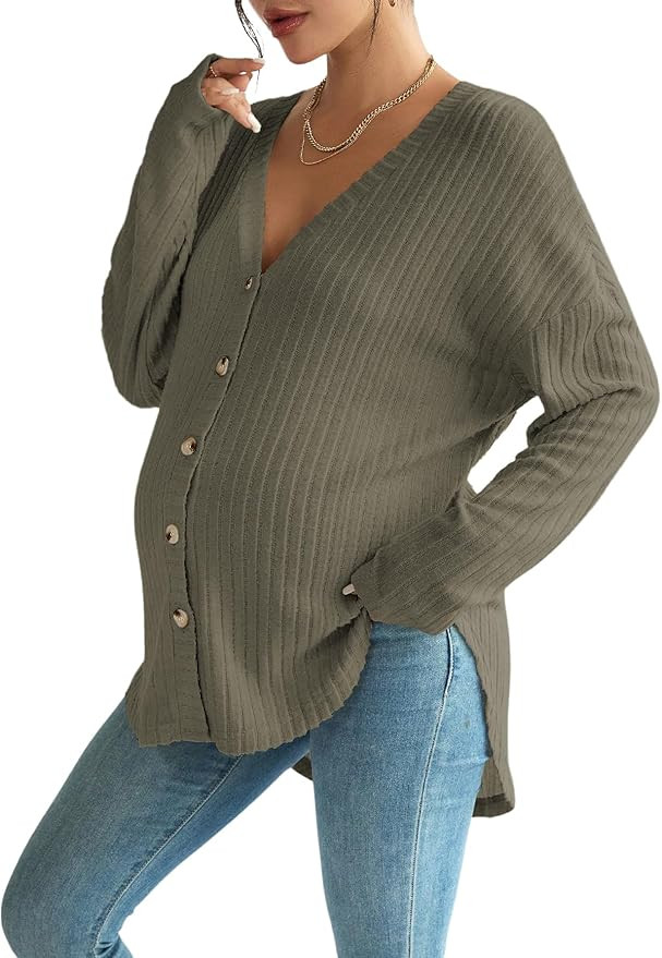 COZYEASE Women's Maternity Ribbed Knit Button Down Tee Shirt Drop Shoulder V Neck Sweater Top | Amazon (US)