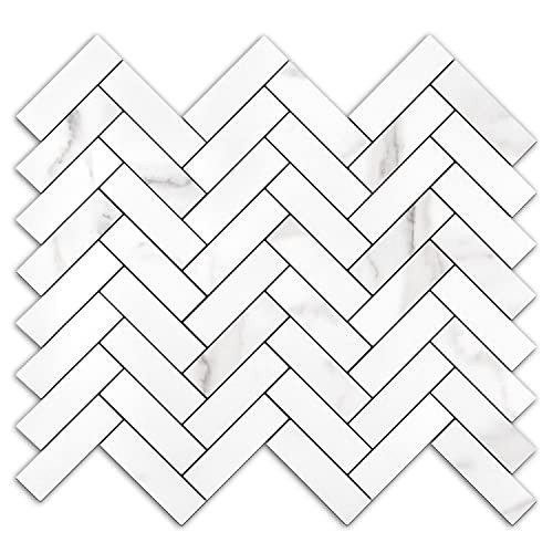 STICKGOO 10 Sheets Herringbone Peel and Stick Backsplash, Stick on Aluminum Composite PVC Kitchen Backsplash, Marble White Mixed Light Grey Look Self Adhesive Wall Tiles | Amazon (US)