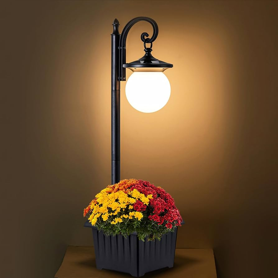Outdoor Post Light with Planter, Matte Black Solar Lamp Post Light with Globe Shade, 2 in 1 Water... | Amazon (US)
