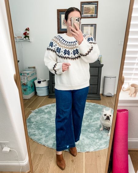 Winter outfit / white and blue fair isle sweater / blue flared jeans / casual petite fashion - women’s outfit

#LTKfindsunder100 #LTKover40 #LTKSeasonal