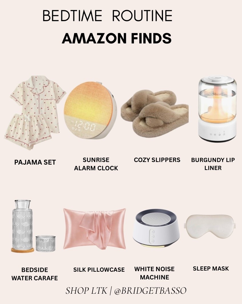 Amazon finds for a cozy bedtime routine 🌙 Sleep essentials including a cute pajama set, cozy slippers, sunrise alarm clock, humidifier, bedside water carafe, silk pillowcase, white noise machine and sleep mask.

#LTKselfcare #LTKSaleAlert