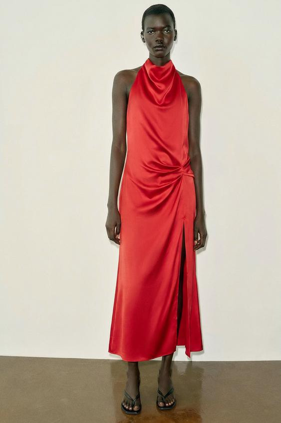 SATIN HALTER MIDI DRESS | Zara US