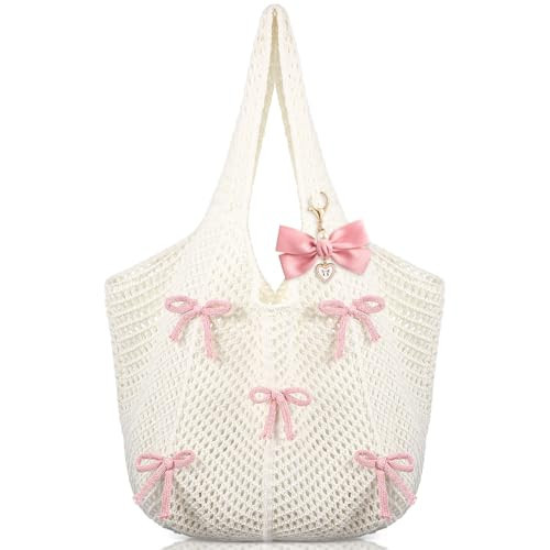 Abbylike Bow Beach Bag Coquette Bow Tote Bag for Women with Charm Cute Crochet Tote Summer Boho Mesh Knitted Shoulder Handbag (Pink) | Amazon (US)