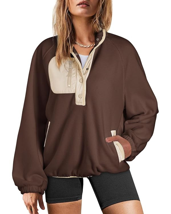 Dokotoo Sweatshirt for Women Oversized Fuzzy Fleece Jacket Color Block Button Long Sleeve Pullove... | Amazon (US)