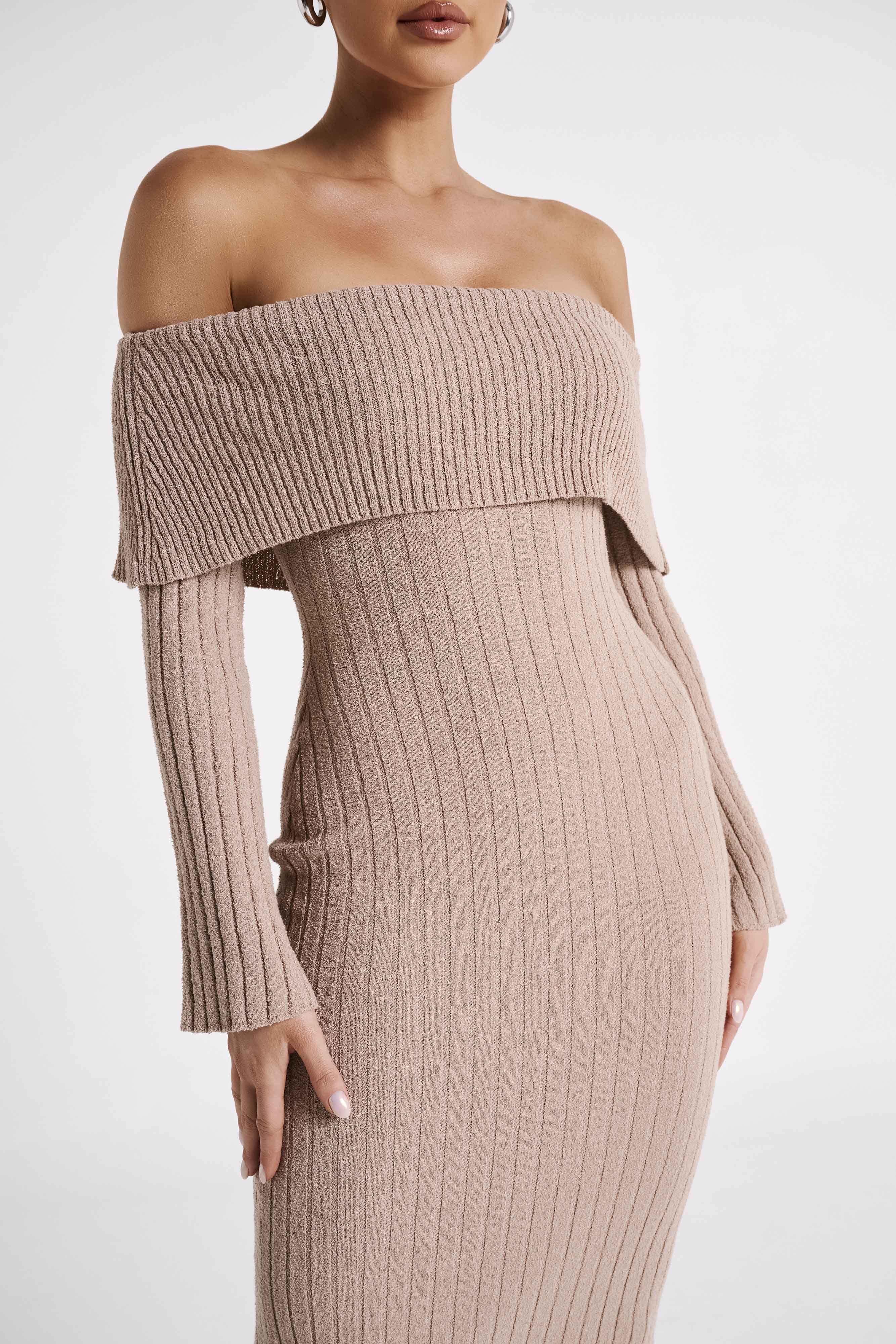 Stefania Off Shoulder Knit Dress - Taupe | MESHKI US