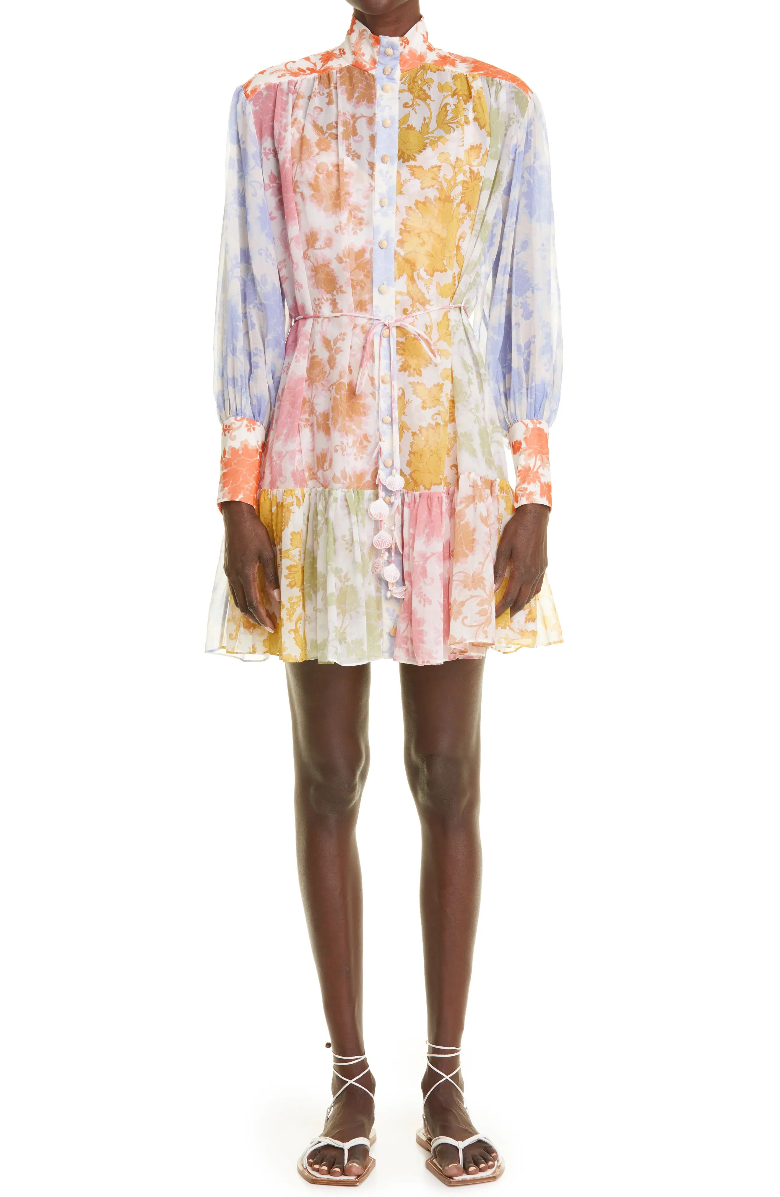 Zimmermann Postcard Lantern Long Sleeve Cotton & Silk Minidress in Spliced Tonal Floral at Nordstrom | Nordstrom