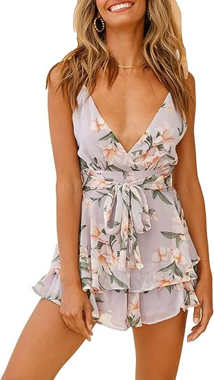Fixmatti Women Spaghetti Strap Romper V Neck Backless Ruffle Chiffon Shorts Jumpsuit Playsuit | Amazon (US)