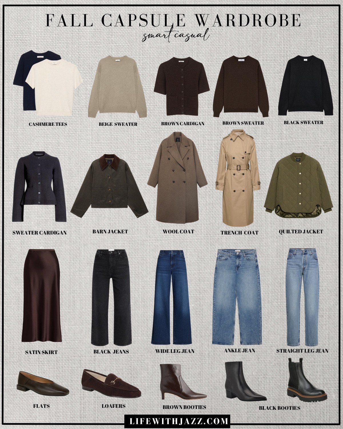 fall smart casual capsule

cashmere tees / cashmere sweaters / brown short sleeve cardigan / sweater cardigan / barn jacket / leather bomber jacket / wool coat / trench coat / maxi satin skirt / ankle jeans / relaxed jeans / wide leg jeans / straight leg jeans / sneakers / adidas handball spezial / ballet flats / suede boots / leather boots / matching sets / sherpa fleece / sweatpants / joggers / uggs / waterproof boots / fall style / fc25 



#LTKSeasonal