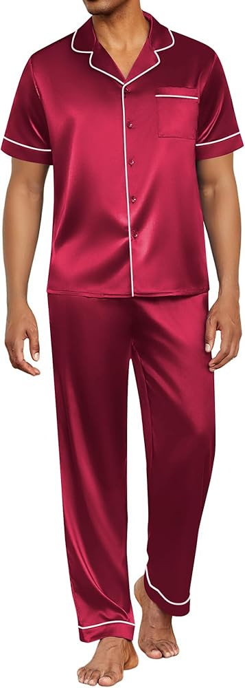 Ekouaer Mens Satin Pajama Set Short Sleeve Button Down Sleepwear Classic Loungewear Set with Long... | Amazon (US)