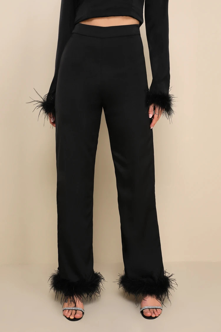 Premium Aura Black Satin High Rise Wide-Leg Feather Pants | Lulus (US)