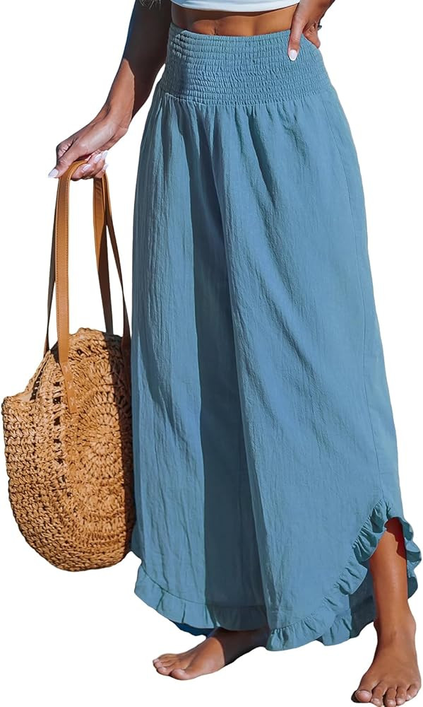 CUPSHE Women Pants Smocked Waist Straight Leg Ruffle Cuffs Loose Fit Pant Casual Beach | Amazon (US)