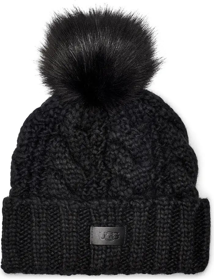 UGG® Cable Knit Beanie with Faux Fur Pom | Nordstrom | Nordstrom