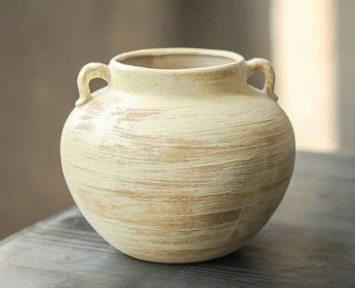 CozyWel Handmade Beige White Two-Ear Ceramic Vase, Textured Pottery Vase with Two Ears for Centerpieces, Kitchen, Living Room, Bedroom Decor Gifts (Beige White, Short) | Amazon (US)
