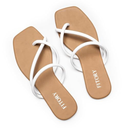 FITORY Women's Slide Sandals Flat Flip Flops with Cross Strap Thongs for Summer Size 11 White | Amazon (US)