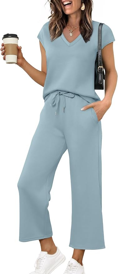 Saloogoe Two Piece Sets for Women Summer Outfits Lounge Sets V Neck Tops Wide Leg Pants Woman Vac... | Amazon (US)