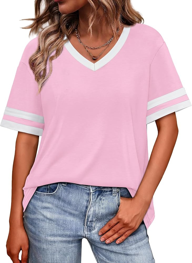 WIHOLL Womens T Shirts Loose Fit Short Sleeve Tees V Neck Color Block Summer Tops 2026 Fashion S-... | Amazon (US)