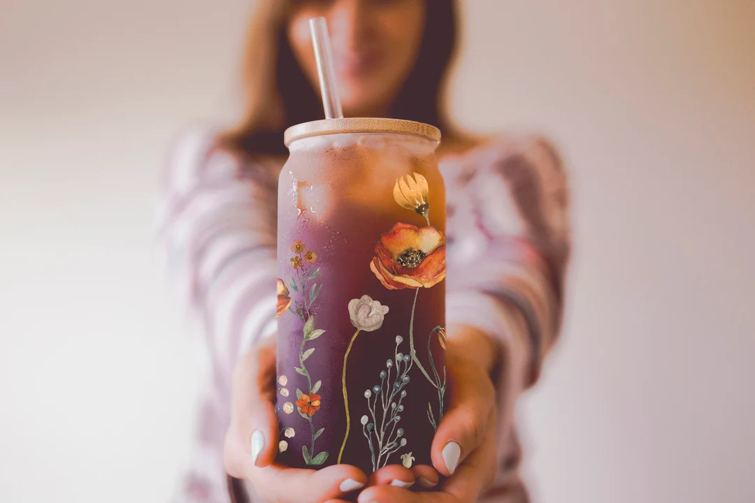 Fall Floral Glass Coffee Cup Fall Glass Iced Coffee Cup With - Etsy | Etsy (US)
