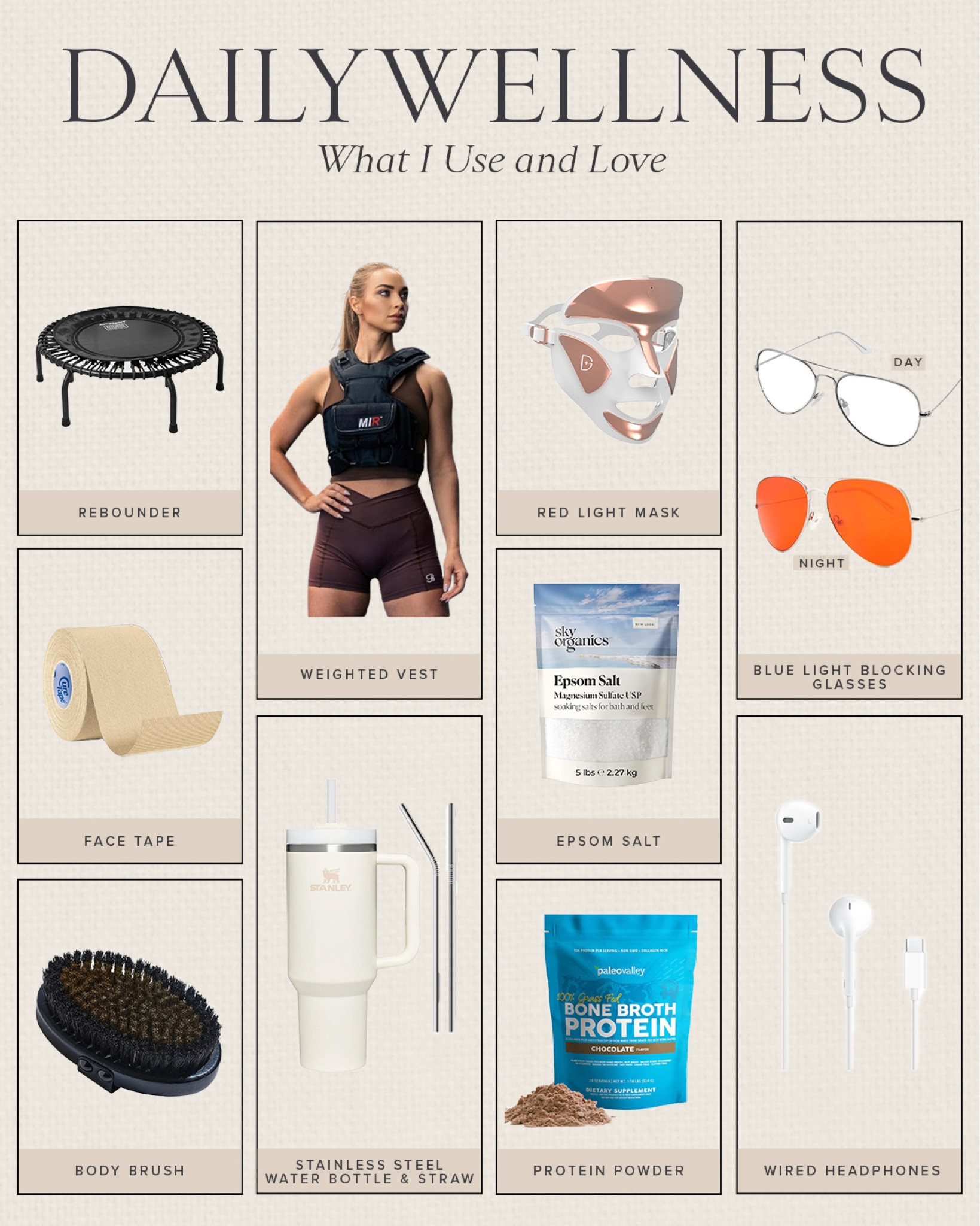 WELLNESS \ daily items I use to optimize my overall health 💁🏻‍♀️ rebounder, weighted walking vest, red light mask, blue light blocking glasses, face tape, epsom salt, wired headphones, body brush, stainless steel water bottle and straws and grass fed beef protein powder 👊🏻👊🏻



#LTKActive #LTKFitness #LTKHome