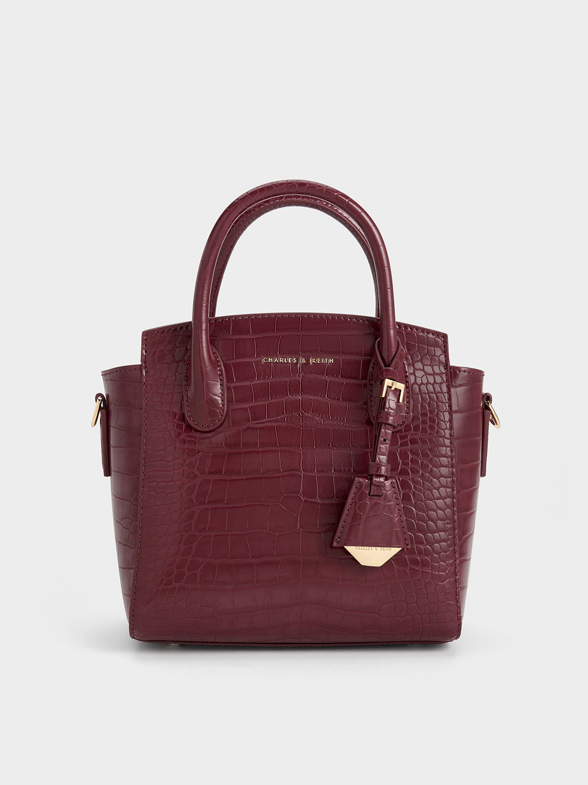 Burgundy Harper Croc-Effect Structured Top Handle Bag | CHARLES & KEITH UK | Charles & Keith UK