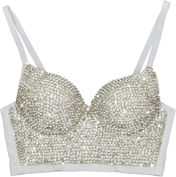 ELLACCI Women's Handmade Rhinestone Diamond Push up Bustier Crop Top Sexy Punk Corset Bra White | Amazon (US)