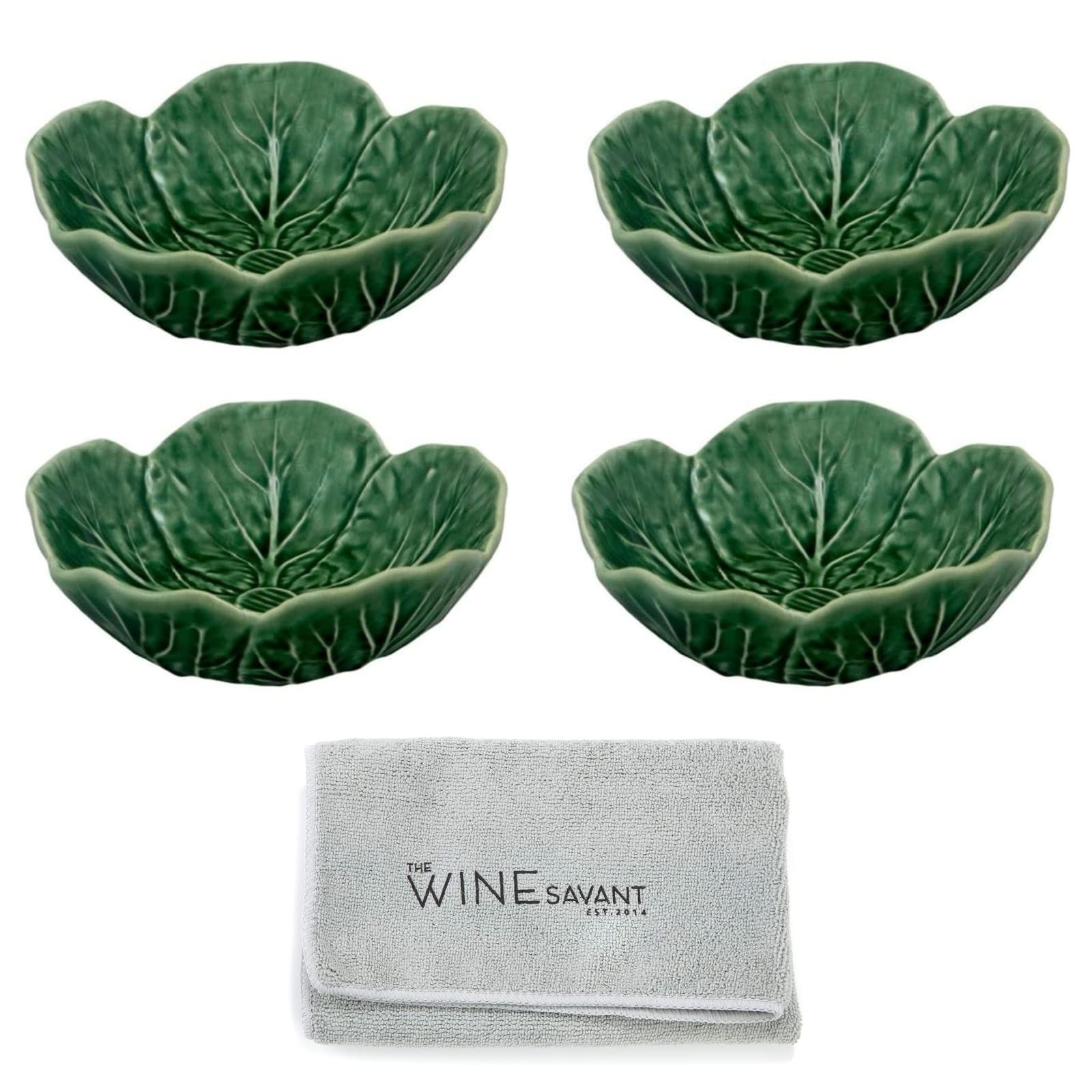 Bordallo Pinheiro Cabbage Bowl Green Set of 4 with Wine Savant Cleaning Towel Bundle Kitchen Bowl... | Amazon (US)