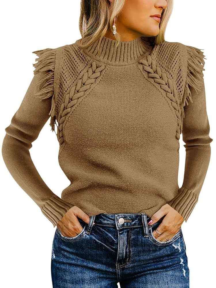 Women's Sweaters Fall Winter 2025 Trendy Mock Neck Fringe Tops Cable Knit Pullover Western Outfit | Amazon (US)