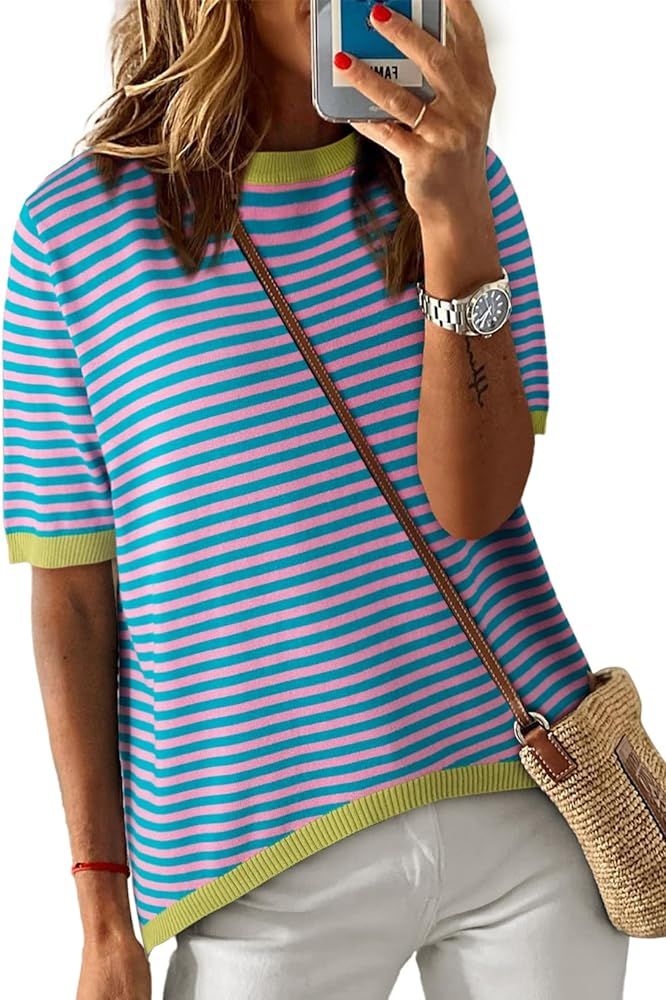 Dokotoo Womens Summer Tops Casual Crewneck Short Sleeve Striped Color Block Knitted High Low Tren... | Amazon (US)