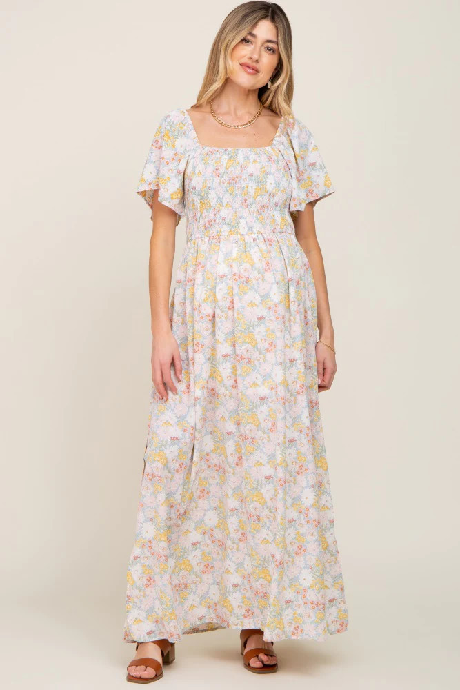 Light Blue Floral Smocked Maternity Maxi Dress | PinkBlush Maternity