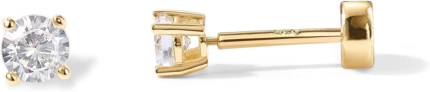 PAVOI Flat Back Stud Earrings for Women, 14K Gold Plated CZ Cartilage Studs | Amazon (US)