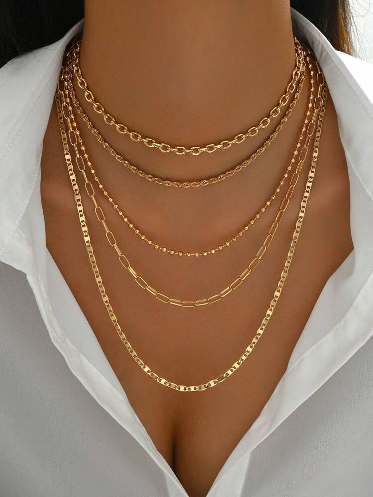 5pcs/Set Simple Braided Bead Chain Necklaces, Gold Tone, Layered Pendant Necklace Set For Women D... | SHEIN
