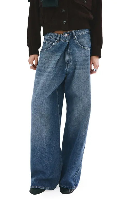 MANGO Foldover Mid Rise Balloon Jeans in Medium Blue at Nordstrom, Size 0 | Nordstrom